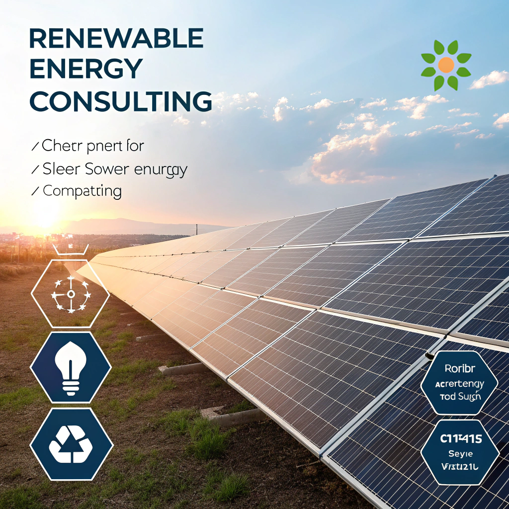 Create an image representing a modern and professional website design for a renewable energy consulting firm, focusing on the importance of renewable energy and solar power projects. The visual should convey a sense of sustainability and innovation, featuring solar panels, clean energy symbols, and an abstract, tech-inspired background that harmonizes with a calm and professional color palette. Ensure that there are no human figures in the composition.
Do not include any text, writing, numbers, letters, symbols, logos, or anything that looks like text. The image must be completely free of typographic elements or text-like decorations.